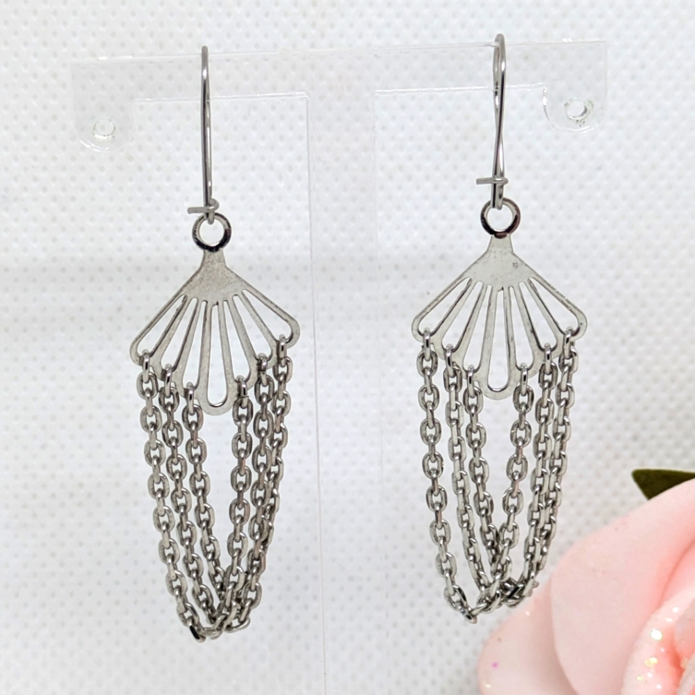 Silvertone Earrings Fine Chain Dangle 2 1/4" Long Pierced Bohemian Gypsy Goth